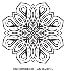 Black outline flower mandala. Doodle round decorative element for coloring book isolated on white background. Floral geometric circle. 