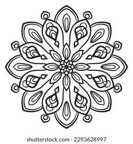 Black outline flower mandala. Doodle round decorative element for coloring book isolated on white background. Floral geometric circle. 