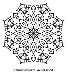 Black outline flower mandala. Doodle round decorative element for coloring book isolated on white background. Floral geometric circle. 