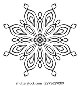 Black outline flower mandala. Doodle round decorative element for coloring book isolated on white background. Floral geometric circle. 