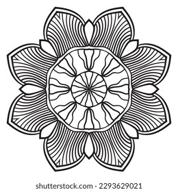 Black outline flower mandala. Doodle round decorative element for coloring book isolated on white background. Floral geometric circle. 