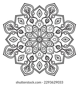 Mandala de flor de contorno negro. Elementos decorativos de cartón redondo para el libro de colores aislados en fondo blanco. Círculo geométrico floral. 