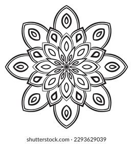 Black outline flower mandala. Doodle round decorative element for coloring book isolated on white background. Floral geometric circle. 