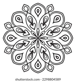 Black outline flower mandala. Doodle round decorative element for coloring book isolated on white background. Floral geometric circle. 