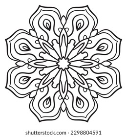 Black outline flower mandala. Doodle round decorative element for coloring book isolated on white background. Floral geometric circle. 