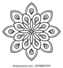 Black outline flower mandala. Doodle round decorative element for coloring book isolated on white background. Floral geometric circle. 