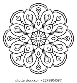 Black outline flower mandala. Doodle round decorative element for coloring book isolated on white background. Floral geometric circle. 