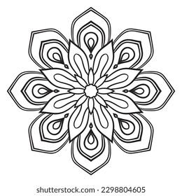 Black outline flower mandala. Doodle round decorative element for coloring book isolated on white background. Floral geometric circle. 