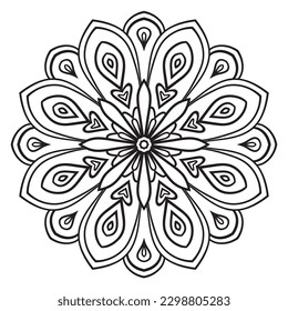 Black outline flower mandala. Doodle round decorative element for coloring book isolated on white background. Floral geometric circle. 