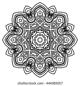 Black outline flower mandala. Vintage decorative element. Ornamental round doodle flower isolated on white background. Geometric circle element. Vector illustration.