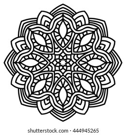 Black outline flower mandala. Vintage decorative element. Ornamental round doodle flower isolated on white background. Geometric circle element. Vector illustration.