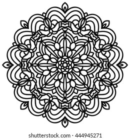 Black outline flower mandala. Vintage decorative element. Ornamental round doodle flower isolated on white background. Geometric circle element. Vector illustration.