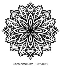 Black outline flower mandala. Vintage decorative element. Ornamental round doodle flower isolated on white background. Geometric circle element. Vector illustration.