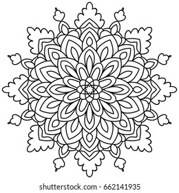 Black outline flower mandala. Vintage decorative element. Ornamental round doodle flower isolated on white background. Geometric circle element. Vector illustration.