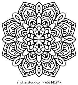 Black outline flower mandala. Vintage decorative element. Ornamental round doodle flower isolated on white background. Geometric circle element. Vector illustration.