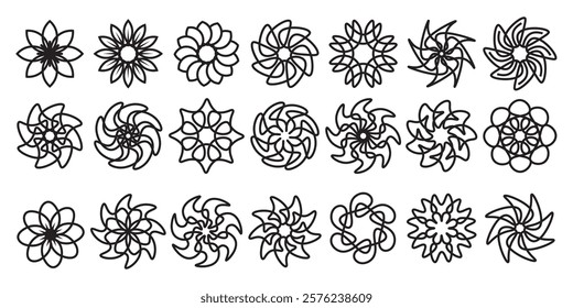 The black outline flower vector set features abstract floral design silhouettes and geometric patterns. Ideal for decoration, logos, and design projects. Includes minimalist botanical elements.