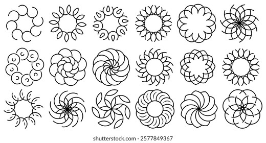 The black outline flower vector set features abstract floral design silhouettes and geometric patterns. It is ideal for decoration, logos, and design projects. Includes minimalist botanical elements.