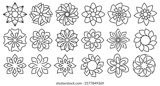 The black outline flower vector set features abstract floral design silhouettes and geometric patterns. It is ideal for decoration, logos, and design projects. Includes minimalist botanical elements.