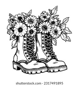 Black outline flowers in boots. Summer botanical vector illustration. Floral line art drawing.