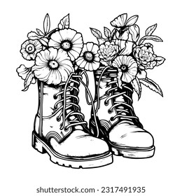 Black outline flowers in boots. Summer botanical vector illustration. Floral line art drawing.