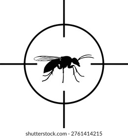 Black outline of flying wasp positioned inside targeting crosshair circle