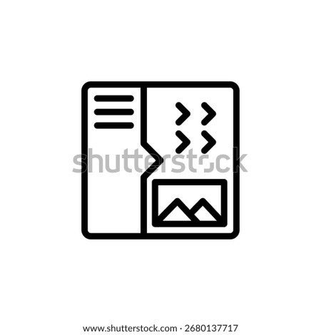 Black outline folder icon showing document pages with mountain image and forward arrows representing file organization and data management ideal for website UI design or application icons.