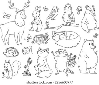 Black outline forest animals and nature elements isolated clipart set for coloring page	