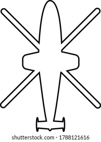 Black outline of four blade helicopter on a white background, top view. Vector icon.
