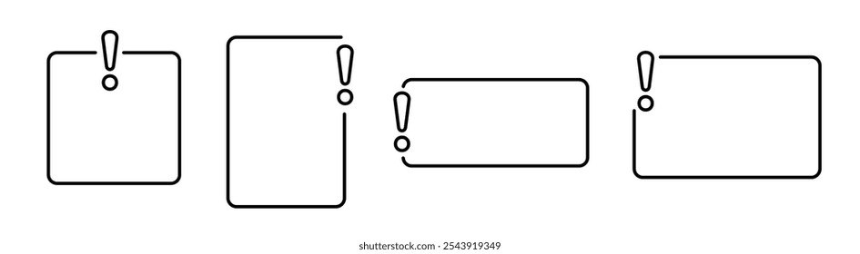 Quadro de contorno preto com ponto de exclamação. Conjunto de mensagens de aviso vazias. Borda do alarme com exclamação.