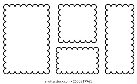 Black Outline Frames with Corrugated Edges Isolated on White. Simple Labels with Zig Zag Borders. Wiggly Shapes