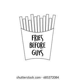 Black outline of french fries in paper box. Transparent fries vector illustration, cartoon graphic icon with writing Fries before guys, isolated on white background.