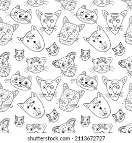 Black outline funny cats seamless pattern in doodle style. Vector stock illustration. Hand drawing line art image.