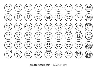 Black outline funny emoji icons set. Mood or facial emotion symbol for chat app or web. Linear face expressing crazy, funny, sad, angry. Contour emoticons in mask Isolated on white vector illustration