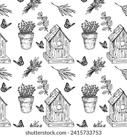 Black, outline, gardening, seamless pattern, digital paper, background, vector, plant pot, gardening tools, bird house, watering can