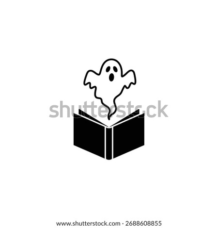 Black outline of a ghost emerging from an open book on a white background.