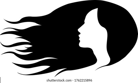 a black outline of a girl's head with loose flowing hair on a white background