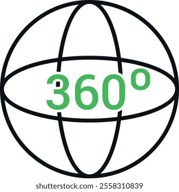 Black outline of a globe with horizontal and vertical lines intersecting, creating a grid-like pattern. In the center of the globe, the text "360°" is written in green.