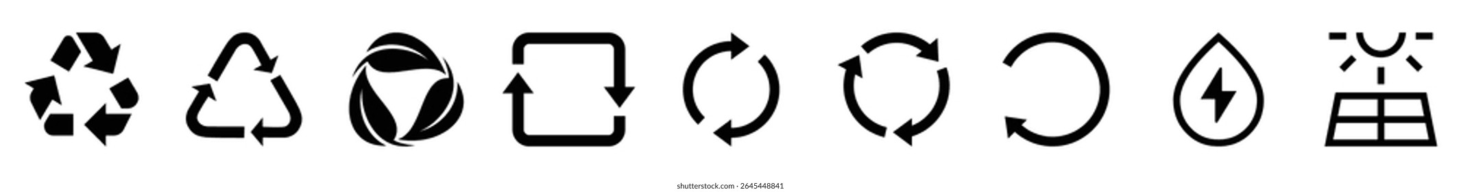 Black outline and glyph icons of recycle arrows, renewable energy, solar panel, and eco-friendly symbols. Perfect for sustainability, energy, and environment-themed designs.