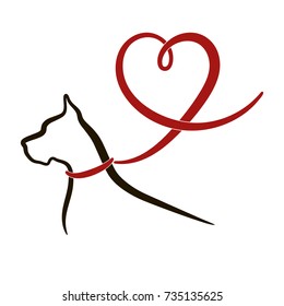 Black outline of great dane dog with red lead (ribbon) in shape of heart. Line drawing isolated on white background. Vector illustration, logo, icon