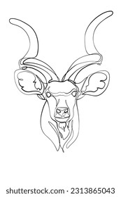 Borde negro mayor kudu (cabeza) sobre fondo blanco. Dibujo gráfico. Ilustración vectorial.