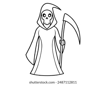 Black outline of the Grim Reaper isolated on a white background. Concept of death, spooky figure, minimalist style, Halloween. Print, digital art, illustration, design element