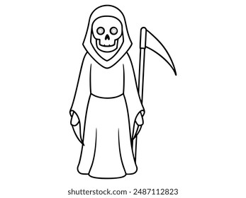 Black outline of the Grim Reaper isolated on a white background. Concept of death, spooky figure, minimalist style, Halloween. Print, digital art, illustration, design element