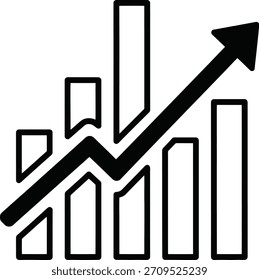 Ícone preto do vetor do gráfico de crescimento do contorno mostrando uma tendência ascendente, isolado no fundo branco. Ideal para conceitos empresariais e financeiros.
