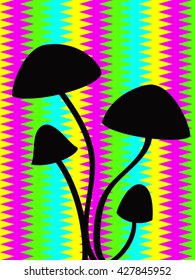 black outline of hallucinogenic mushrooms over the psychedelic stripped background