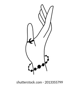 Mano de contorno negro con pulsera y anillo en estilo místico moderno. Ilustraciones del vector boho. Dibujo de garabatos dibujados a mano aislado en fondo blanco.