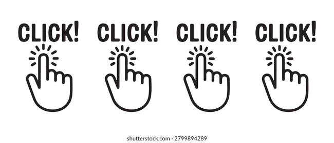 Black outline hand cursor icons featuring click text elements. Minimalist vector web interface symbols.