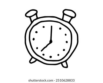 Black outline hand drawing of a classic alarm clock on white background. Concept of timekeeping, minimalist design, vintage style, illustration. Icon, print, design element.