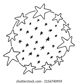 Black outline hand drawing planet with star. Space vector illustration.