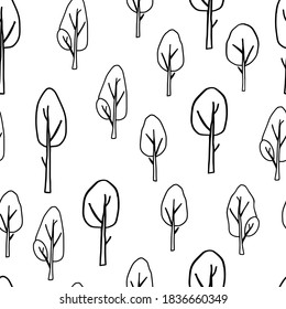 Black outline hand drawing vector illustration of a group of deciduous trees isolated on a white background. Seamless pattern