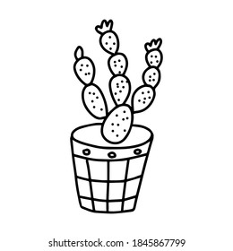 Black outline hand drawing vector illustration of a decorative cactus Opuntia plant in a pot isolated on a white background